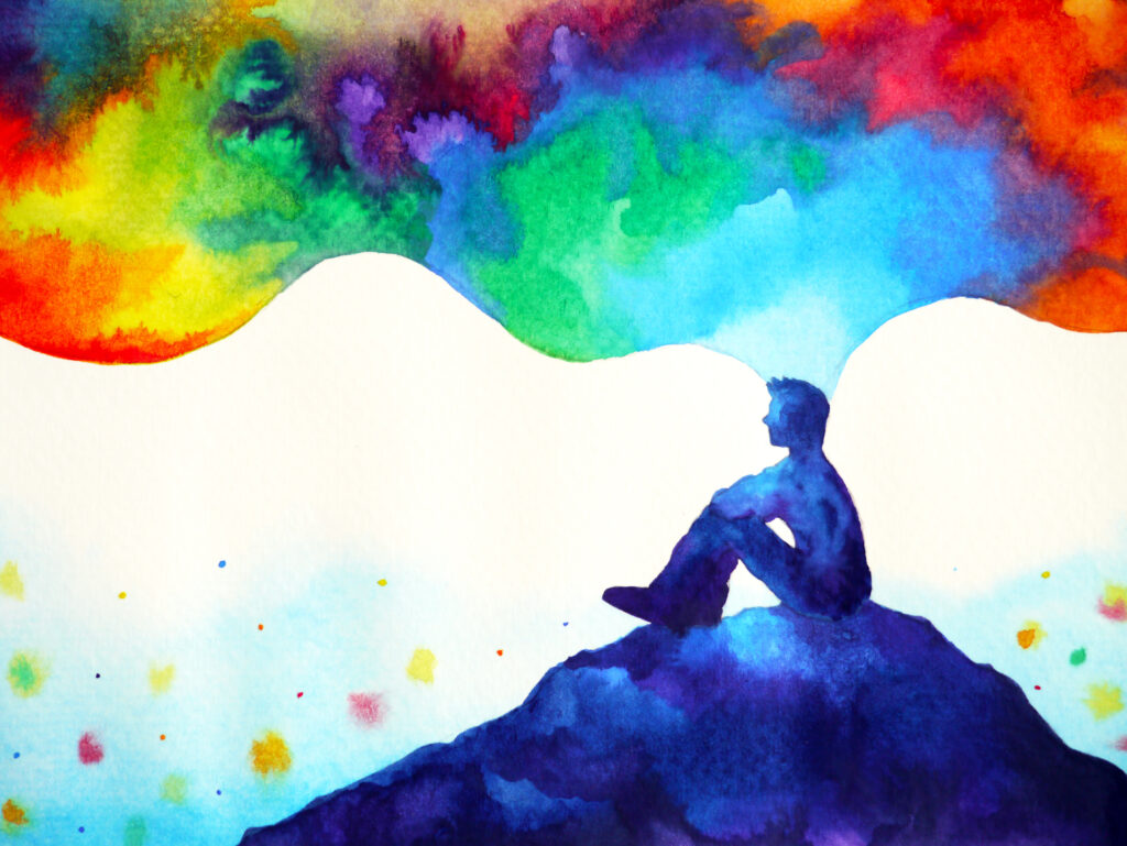 Illustrazione: una figura seduta osserva un cielo ampio e colorato